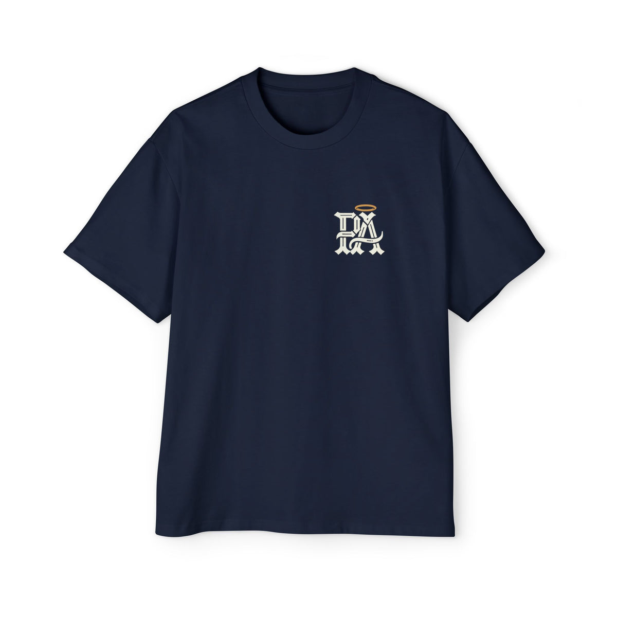 Pillar & Foundation Back Print Tee, navy, front with chest monogram